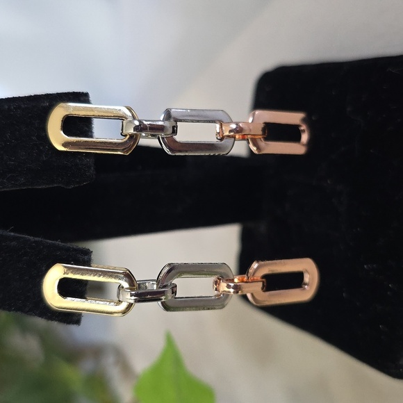 Tricolor Gold Paperclip Chain Link Drop Dangle Earringd - Picture 4 of 8